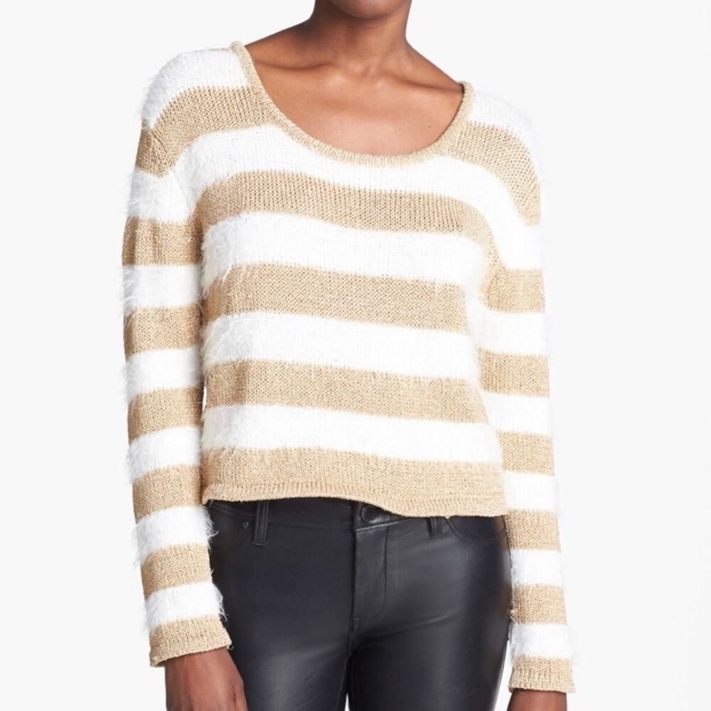 MINKPINK‎ Gee Whizz Ivory & Gold Metallic
Striped Fluffy Sweater NWT MED
